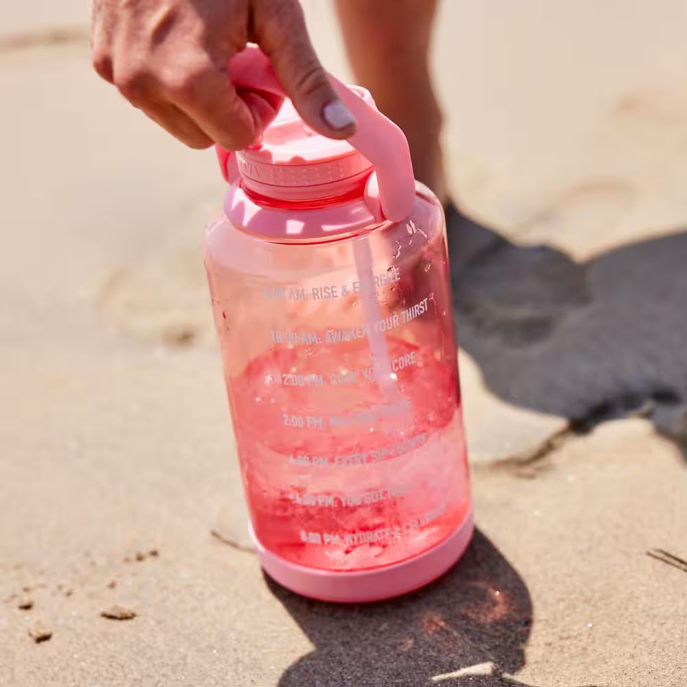 64 Oz. Tritan Plastic Straw Motivational Bottle Wide Handle Flutter Pink