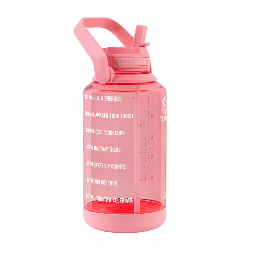 64 Oz. Tritan Plastic Straw Motivational Bottle Wide Handle Flutter Pink